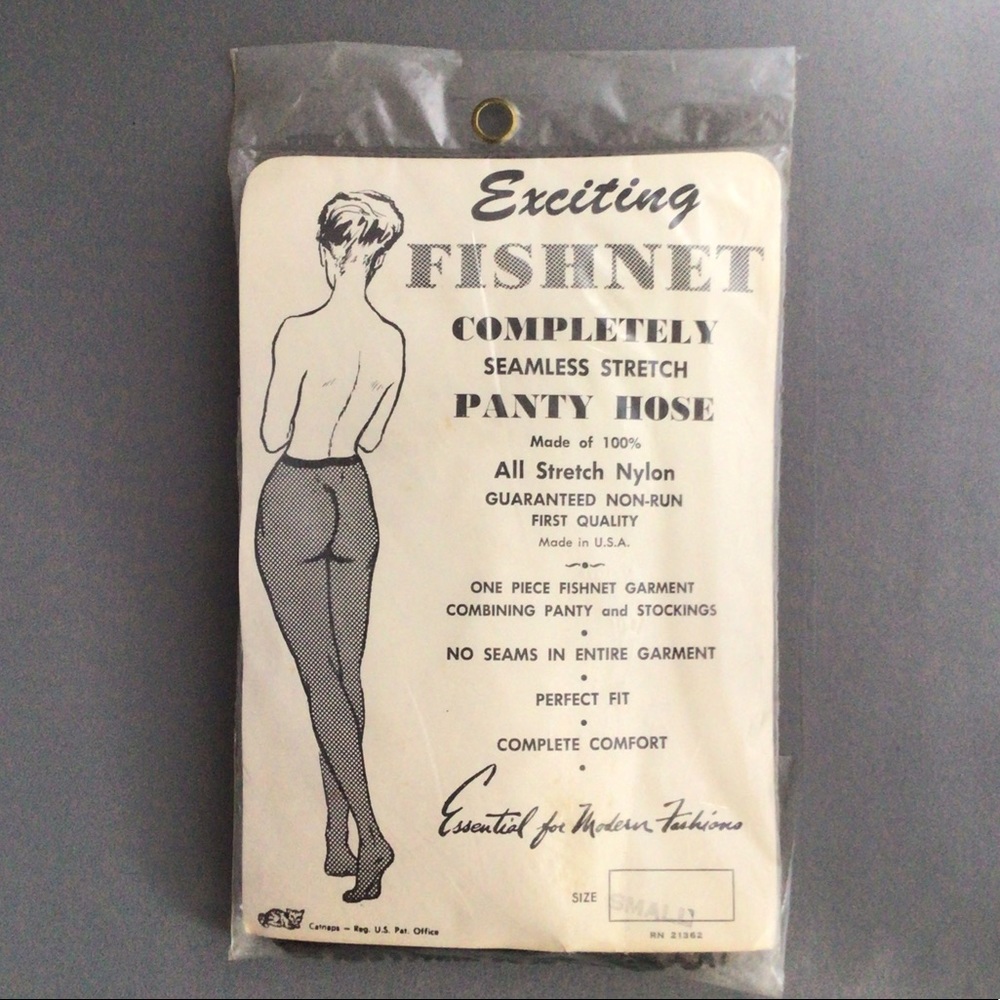 Vintage "Exciting" Fishnet Seamless Stretch Panty Hose, black, NEW in package